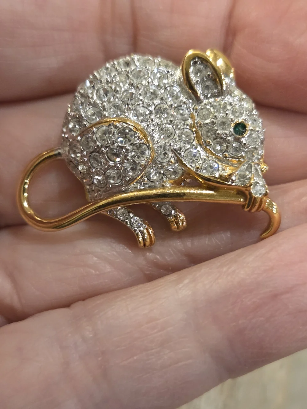Vintage Carolee Gold and Clear Crystal Mouse Brooch with Green Eye 1
